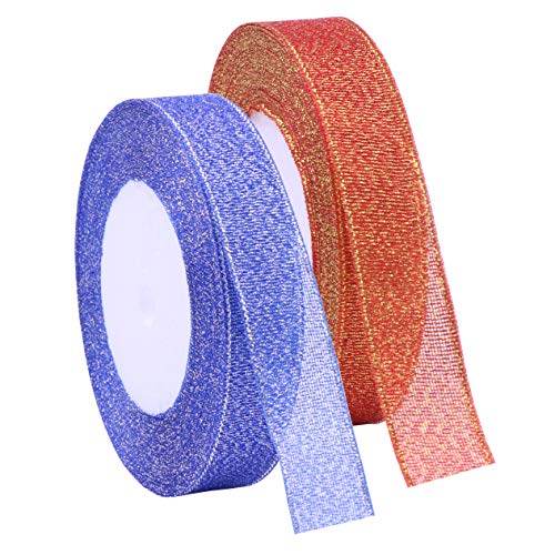 YAKA 3/4 inch 50 Yards Ribbon Shimmer Sheer Organza Ribbon for Craft Bow Party Decoration Packing Ribbons 2 Rolls (Sapphire Blue and Orange, 3/4 inch(20mm))