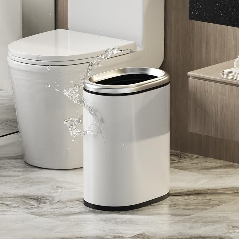 Image of 2.4 Gallon Small Kitchen Trash can, White and Silver Garbage Can, Open Top, Narrow Tiny Waste Basket, for Near Desk Bathroom Bedroom Office Hotel Home (White)