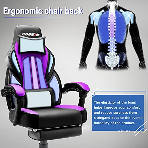 Image of LEMBERI Big and Tall Gaming Chair 400lb Capacity, Heavy-Duty Office Chair with Reinforced Footrest, Wide Seat High Back PC Desk Chair with Linkage Armrests, Thickened Steel Frame, PU Leather, Purple