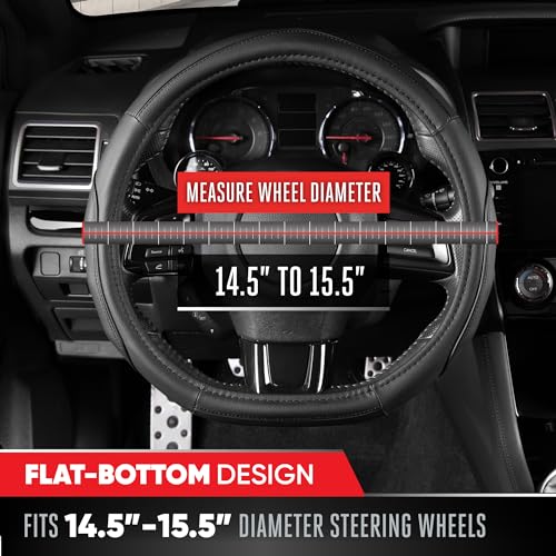 Image of Motor Trend Stealth D-Shaped Steering Wheel Cover - Premium Flat Bottom Car Steering Wheel Cover, Black Faux Leather Sterring Wheel Cover, Standard 15 inch