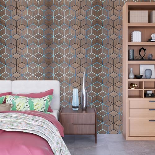 Image of DWELLSINDIA 3D Wood Geometric Pattern Self Adhesive Wallpaper Waterproof, Scratch Resistant, Laminated (244cmx41cm, Brown)