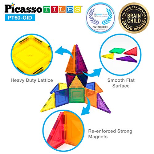 Picassotiles 60Pc Glow Magnetic Building Blocks + 12Pcs Mirror Tile, Clear Magnetic 3D Building Blocks Construction Playboards, Expansion Square Set, Toddler Magnets, Educational Toys For 3+ Year Old #TOP5