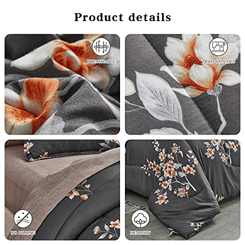 7 Pieces Bed In A Bag Queen Comforter Set With Sheets, Dark Grey Floral Design Soft Microfiber Bedding Sets For All Season (1 Comforter, 2 Pillow Shams, 1 Flat Sheet, 1 Fitted Sheet, 2 Pillowcases) #TOP3