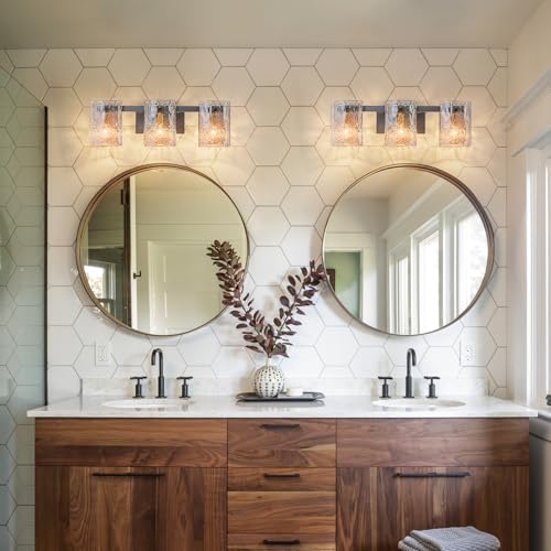 Image of EDISLIVE Vintage Bathroom Vanity Light Black 3-Light Bath Wall Light Fixture with Ripple Block Shades Glass 23.6 inch E12 Antique Wall Sconce for Bedroom Hallway Living Room Vanity Mirror