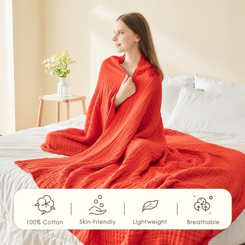Image of EMME Muslin Blankets for Adults Throw Blanket for Couch Breathable Gauze Soft Lightweight Airy Orange Rust Throw XL 50 inch x 71 inch