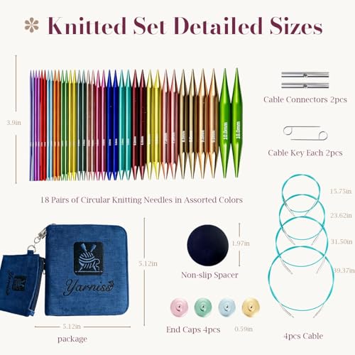 Image of Yarniss 18 Pairs Circular Knitting Needles Set US Sizes 0-15, Aluminum Interchangeable Knitting Needles Kit with 4 Free-Memory Swivel Cables and Storage Case