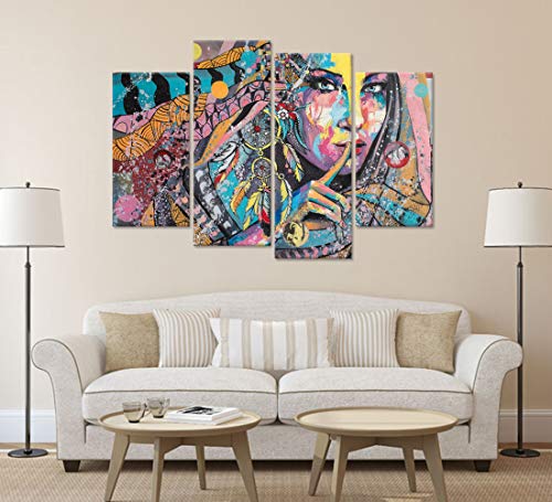 Ihappywall 4 Panel Native American Indians Girl Feathered Beautiful Women Canvas Wall Art Abstract Colorful Artwork Stretched And Framed For Bedroom Moderm Home Decoration Gifts Ready To Hang #TOP4