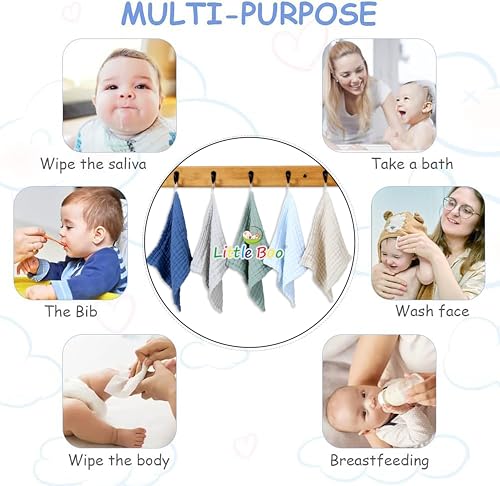 Image of Little Boo Muslin 6 Layer Organic Cotton Face Towels for Newborn Baby Extra Soft Hankies Reusable Napkins for Infants Toddlers /Kids (Pack of 5). Multicolor