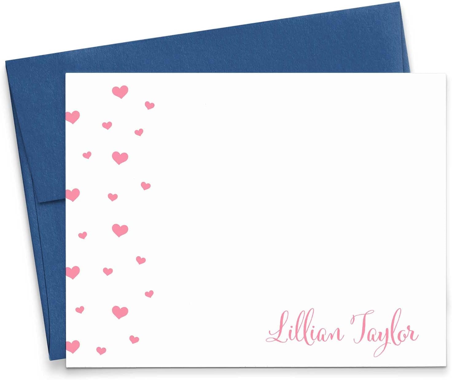 Personalized Girls Stationary with Envelopes FLAT NOTE CARDS, Heart Stationary with Envelopes, Personalized Girls Note Cards with Heart Note Cards with Envelopes, Your Choice of Colors and Quantity