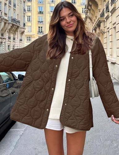 Flygo Women's Oversized Quilted Lightweight Jacket Button Down Puffer Padded Outerwear with Pocket(Coffee-L)2