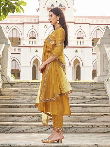 Womanista Women's Silk Blend Mirror Alia Cut Flared Kurta With Pant And Dupatta (Kurtaset_1298_L)