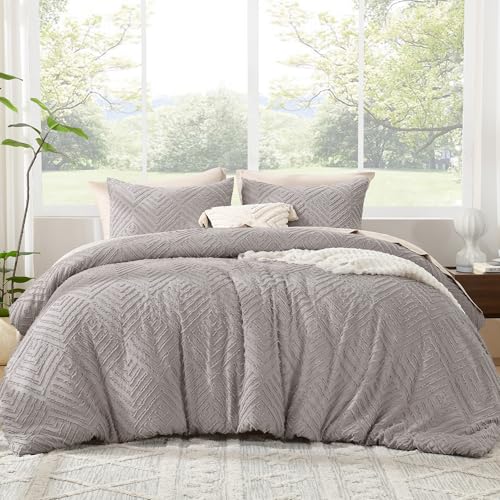 Image of Litanika King Size Comforter Set Milk Grey, 3 Pieces Cream Tufted Boho Farmhouse Bedding Comforter Sets, Lightweight Fluffy Comforter Bed Set for All Season (104x90In Comforter and 2 Pillowcases)