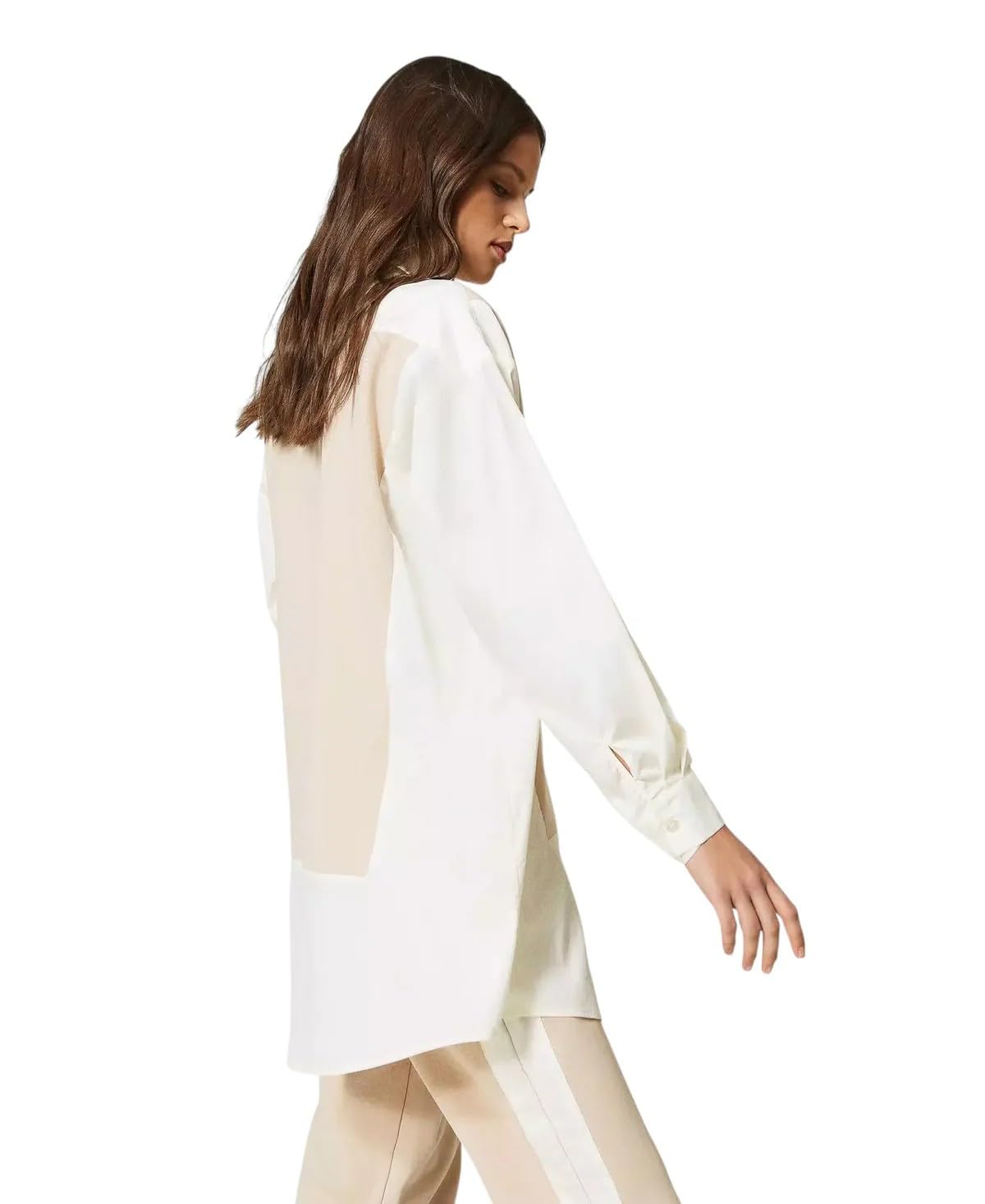 TWINSET Camicia Lunga Elegante da Donna, Stile Oversize, Bianco e Beige, Maniche Lunghe - TG XS