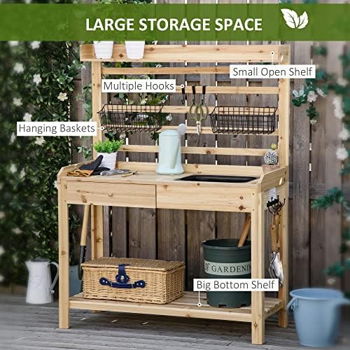 Outsunny Potting Bench Table, Garden Work Bench, Workstation with Metal Sieve Screen, Removable Sink, Additional Hooks and Baskets for Patio, Courtyards, Balcony