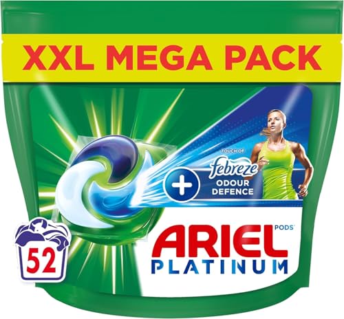 Ariel Platinum PODS®, cápsulas de detergente líquido para lavar ropa, 52 lavados, Touch Of Febreze Odour Defence, eliminación extra de manchas y olores