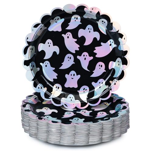 Halloween Paper Plates 50-Count Disposable Halloween Dinner Plates Scalloped Party Supplies Ghost Design Iridescent Silver Foil