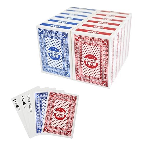 DNB 12 Deck Canasta Cards - 6 Decks Blue and 6 Decks Red Playing Cards with Point Values - Includes Canasta and Hand and Foot Rules