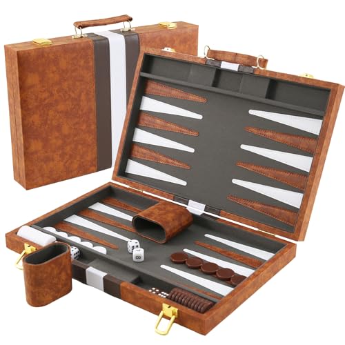 Backgammon Set 15 Zoll Backgammon Reise Backgammon Koffer 2 Spieler Brettspiel Tragbares Reise Strategie Spiel Set mit Würfelbecher für Erwachsene und Anfänger(Braun)
