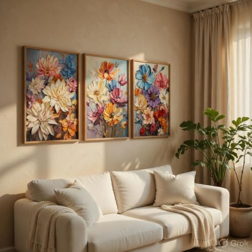 Image of Livin'luxe Colorful Floral Wall Painting Set of 3 with Wooden Frames | Modern Flower Bouquet Artwork HD Sparkle Laminated MDF Wall Decor | Botanical Wall Art for Living Room Bedroom