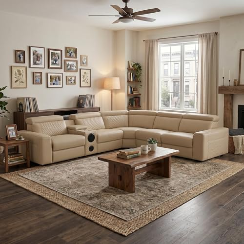Image of Power Recliner Sectional Sofa, L-Shaped Living Room Furniture, 5 Seaters Reclining Sectional Couch with Storage Console /Cup Holder, Khaki Leather Corner Furniture for Living Room /House /Apartment