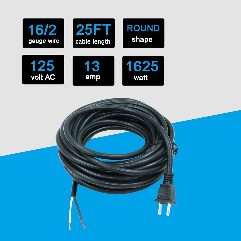 25FT Replacement Power Cord 16 Gauge Polarized 2 Prong Plug Pigtail 2 Wire Round Electric Power Supply Cable Open End Black Cable Open Wire 2C Repair Old Electrical Cord 120V 13A Heavy Duty