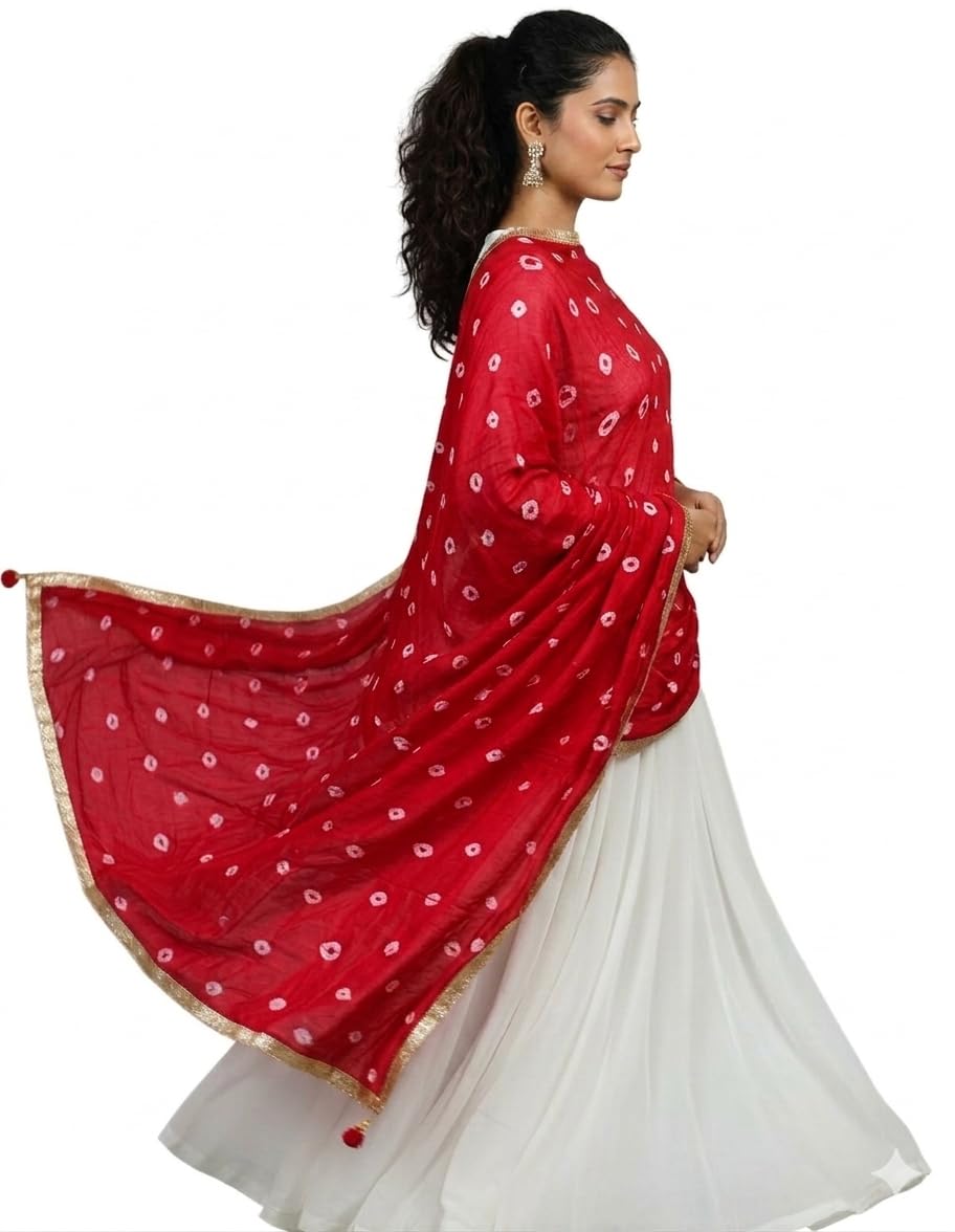 Bandhani Art Silk Dupatta for Women, 200 x 105 cm, with Gold Border-image-31