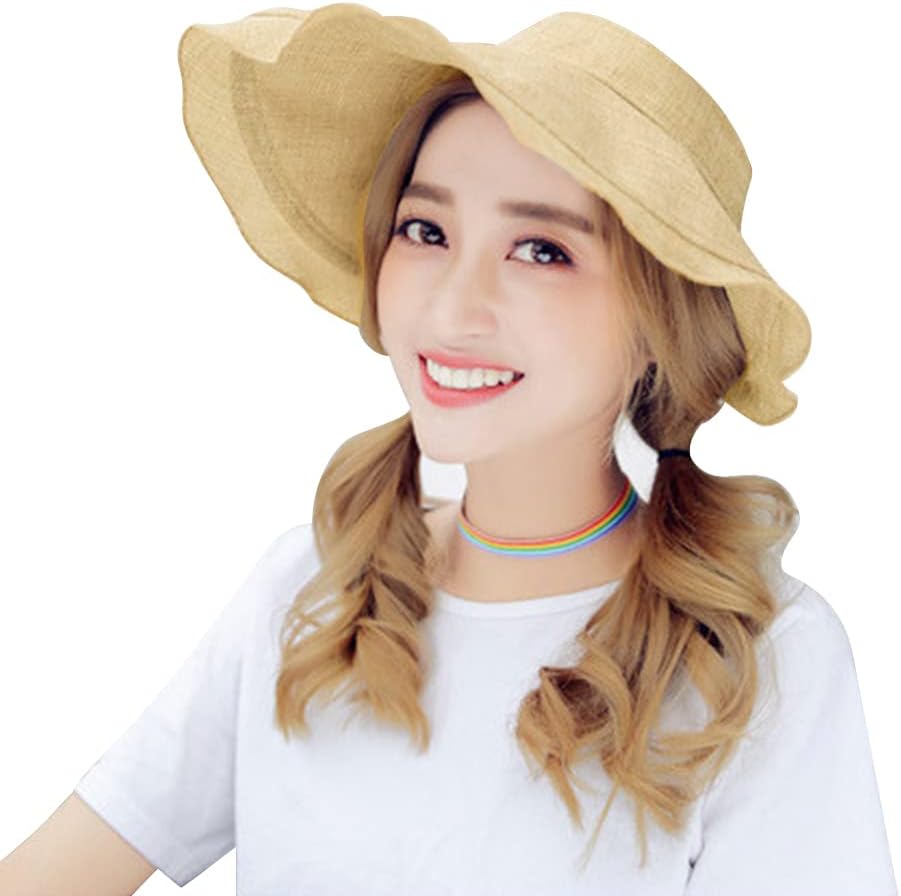 Women's Visor Ruffle Wide Brim UV Protection Sun Hat Roll-up Packable Cotton Linen Summer Beach Visor Cap Adjustable - Image 4
