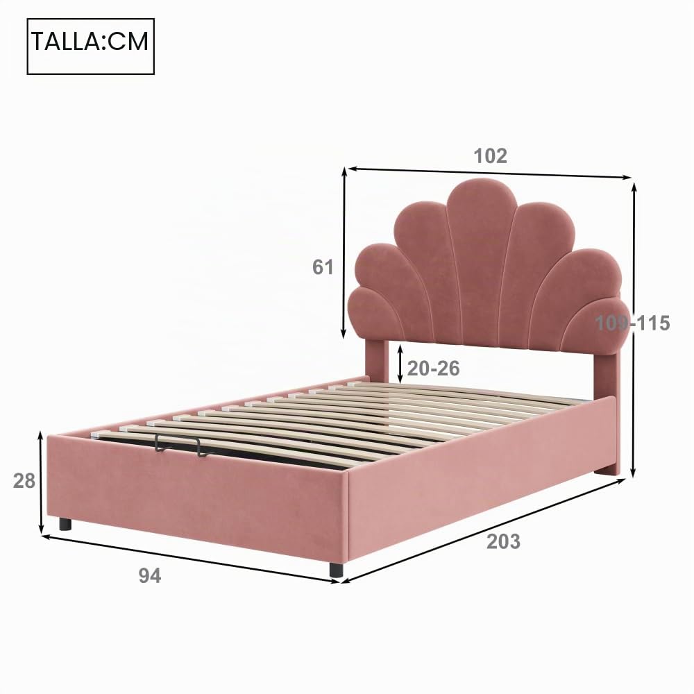 Cama acolchada de 90 x 200 cm para niños, cama con almacenamiento hidráulico, cama individual con cabecero floral y estructura de láminas y cabecero ajustable, tela de terciopelo, color rosa
