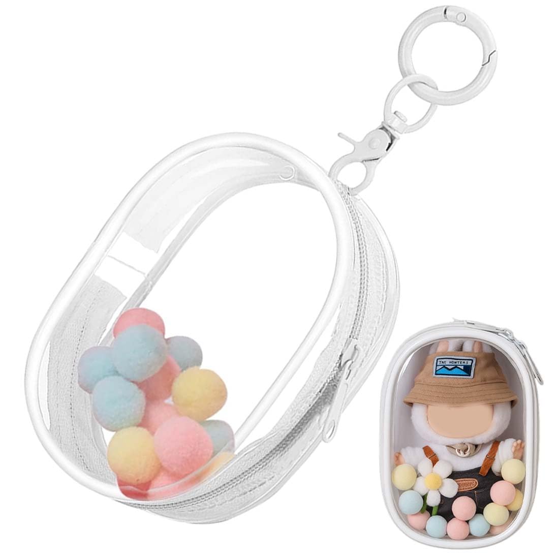 Borsa per Esposizione Bambole, 19,5x10,5cm Custodia Trasparente Protettiva Impermeabile in PVC con Palline Decorative e Cordino per Collezione di Bambole da Viaggio