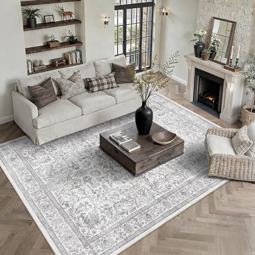 DUIDY 9x12 Washable Living Room Area Rug Non-Slip Vintage Gray Large Carpet