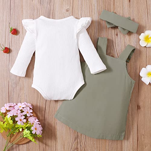 Xfglck Newborn Infant Baby Girls Fall Outfit Ruffle Sleeve Romper+ Pocket Suspender Skirt + Headband Overalls Dress Clothes Set(Green,12-18 Months) #TOP3