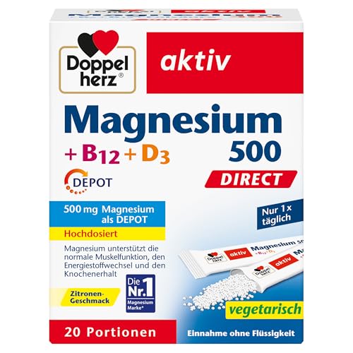 Doppelherz Magnesium 500 + B12 + D3 DIRECT mit DEPOT-Funktion - Magnesium als Beitrag für die normale Funktion der Muskeln und des Nervensystems - 20 Portionen Micro-Pellets