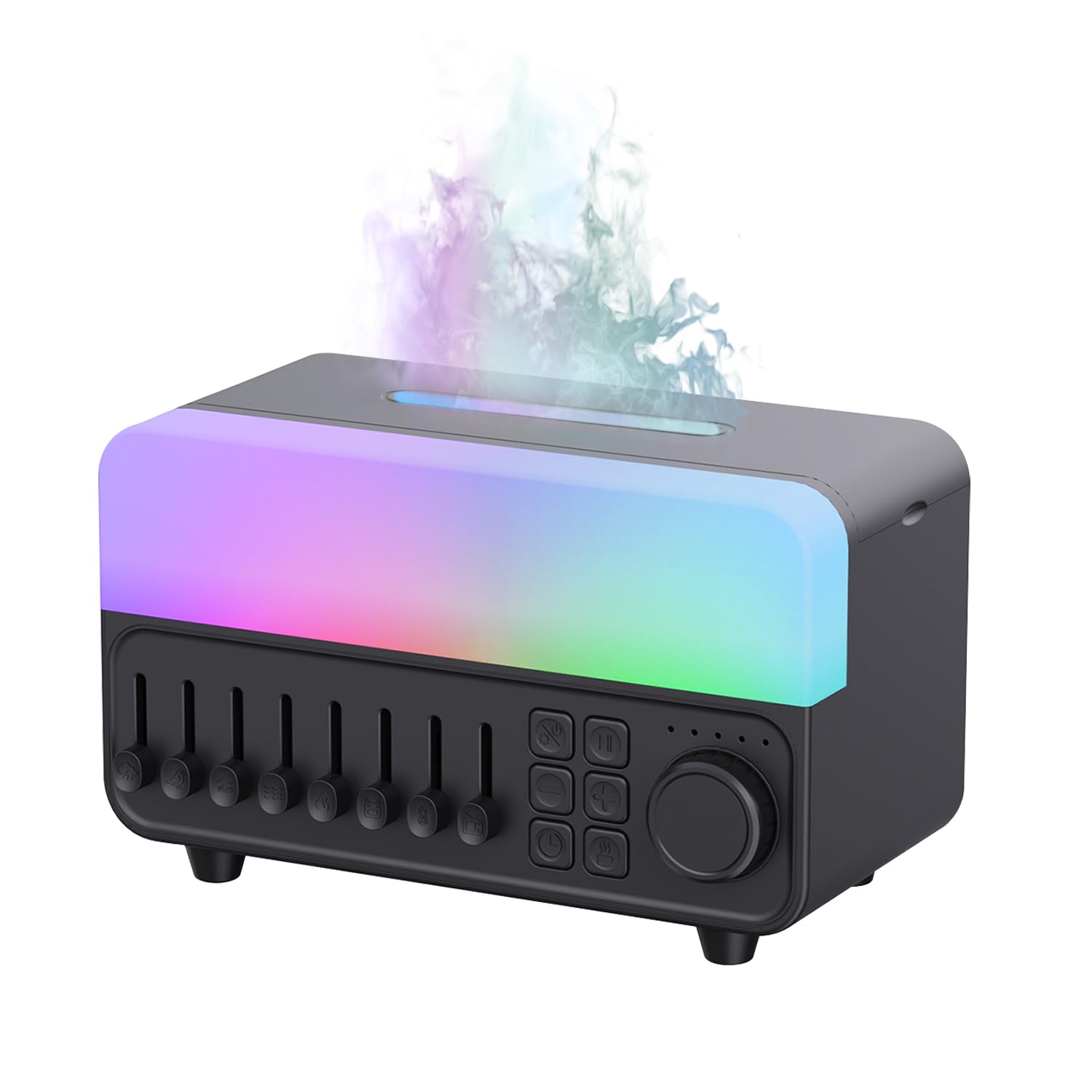 QUMOX A14 Umidificatore con Rumore Bianco, Effetto Fiamma, Speaker Bluetooth e Serbatoio 150ml – Nebulizzazione Ultrasonica, Luce RGB Respirante, Timer 5 Ore, per Camera da Letto e Ufficio Nero