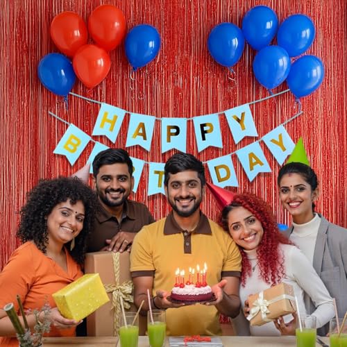 Image of Party Propz Birthday Decoration Kit For Husband - 41 Pcs Happy Birthday Decoration Kit with Red Foil Curtain, Red Balloons, Blue Balloons, Ribbons & Banner (Latex, Foil, Cardstock)
