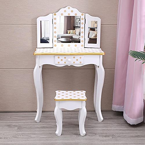 Unknown1 3 -Fold Mirror Single Drawing Curved Foot Children Dressing Table Yellow Modern Contemporary MDF 2 Piece Wood Finish Includes Hardware