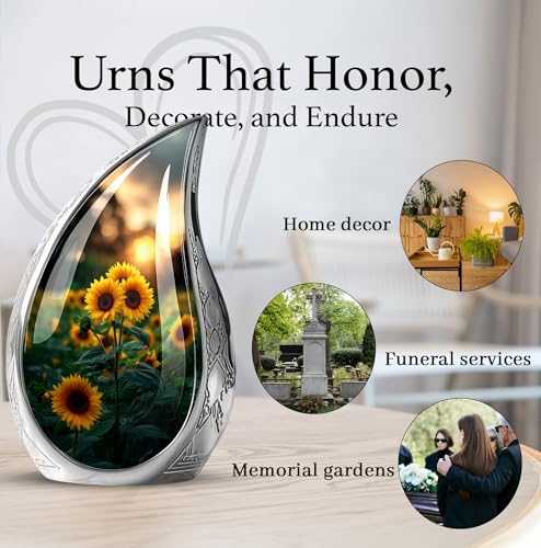 Image of Teardrop Sunflower Urns for Human Ashes Adult Female - Large Urns for Human Ashes Adult - Yellow Sunflower Urn for Mom and Dad - Memorial Decorative Urn for Handmade 10inch