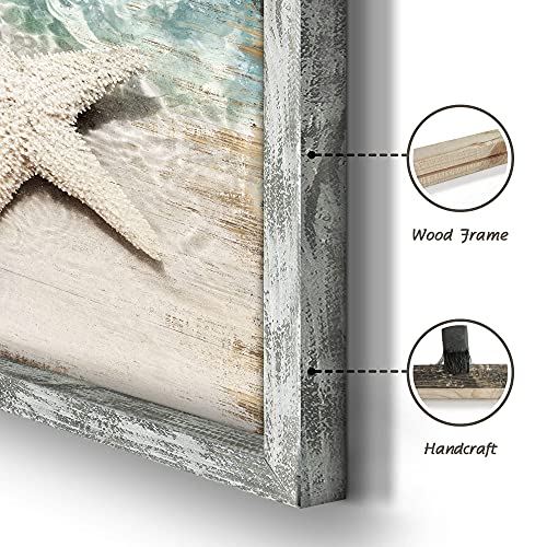 Coastal Framed Wooden Wall Art: Beach Art Ocean Prints Set of 4 Starfish Pictures Seascape Artwork for Living Room Overall 48"W x 32"H - Image 2