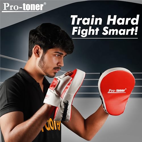 Image of Pro-Toner Boxing Focus Pads, Curved Maya Hide Leather, Hook and Jab Target Hand Pads, Black and White (Red)