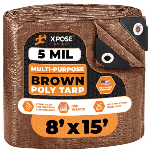 Image of Multipurpose Protective Cover Brown Poly Tarp 8' x 15' - Durable, Water Resistant, Weather Resistant - 5 Mil Thick Polyethylene - by Xpose Safety
