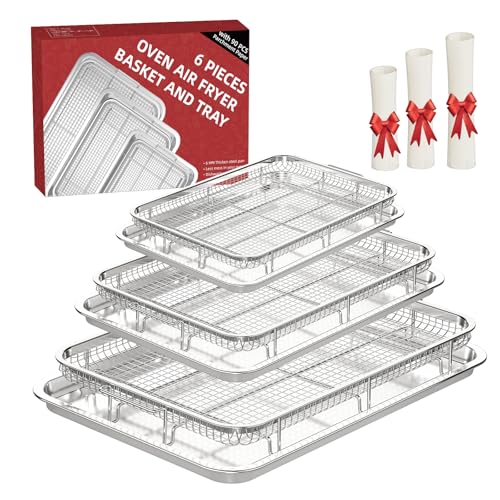 Image of Air Fryer Basket for Oven, THORSES 3 Set Oven Air Fryer Basket and Tray Set | with 90 PCS Parchment Papers, Thickened NonStick Stainless Steel Air Fryer Pan and Crisper Tray-Extra Large & Large & Medium
