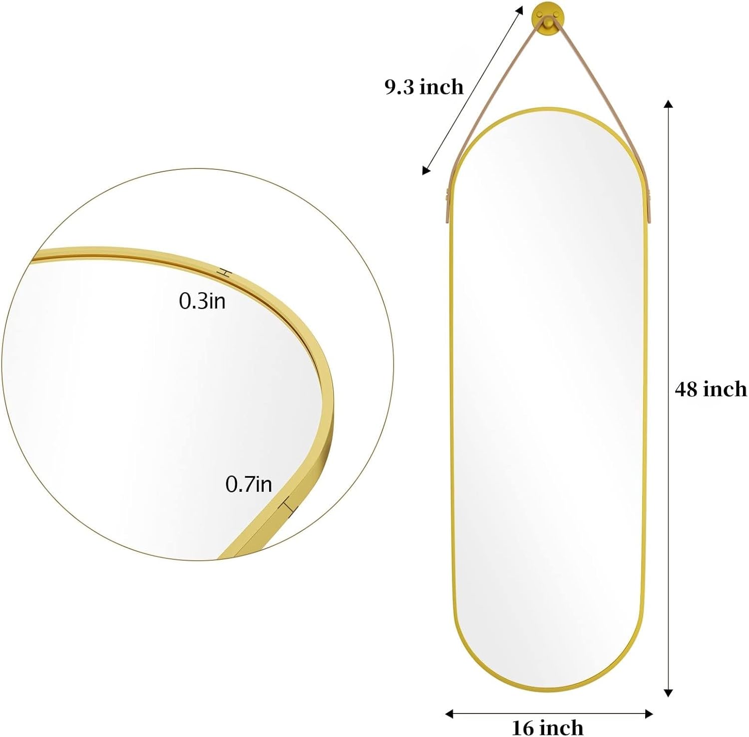 16"x48" Oval Full Length Mirror with Leather Strap Hanging Mirror with Aluminum Frame, Oval Gold Wall-Mounted Mirrors for Living Room Bedroom Entryway Décor, Gold