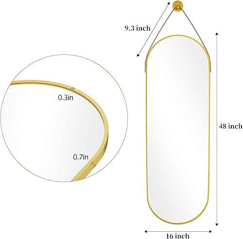 Miniatura 6 de Espejo ovalado de longitud completa de 16 x 48 pulgadas con correa de cuero, espejo colgante con marco de aluminio, espejos ovalados dorados para