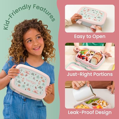 Image of Bentgo Kids Prints Leak-Proof, 5-Compartment Bento-Style Kids Lunch Box - Ideal Portion Sizes for Ages 3-7, Durable, Drop-Proof, Dishwasher Safe, & PFAS & BPA-Free Materials (Nature Adventure)