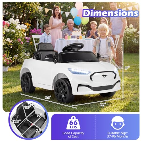 Image of Costzon Ride on Car, 12V Licensed Ford Mach E Kids Electric Vehicle with Parent Control, LED Lights, Horn, Music, Wireless Connection & Spring Suspension, Kids Car Toy for Girls Boys (White)