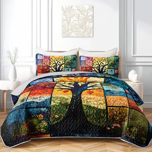 AILONEN Tree of Life Quillt Set King Size, Sun Moon Boho Bedspread Coverlet,Soft Microfiber Quilt,2 Pillowcases,3-Piece Colorful Natural Botanical Print Bedding