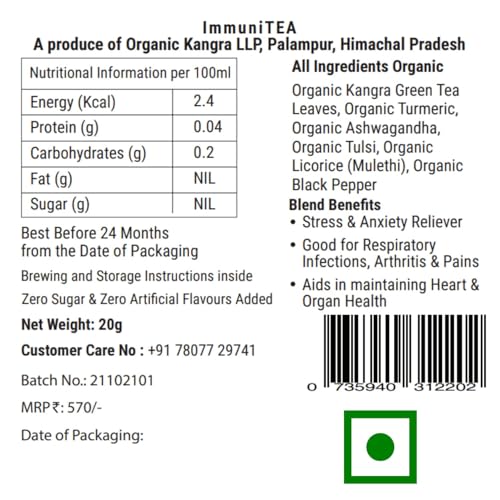 Image of Kangra Tea House ImmuniTEA (Combo of 2 20g pack) Artisanal Whole Leaf Green Tea Blend with Turmeric, Ashwagandha & Tulsi | GI Tagged & NPOP Organic Certified | Holistic Wellness & Defense Support | First Flush, 0 Bitterness | From Palampur, Himachal Pradesh