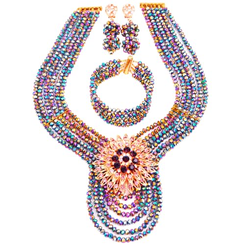 aczuv Women's Fashion Beaded Crystal Nigerian Bridal Wedding Party Necklace African Beads Jewelry Set (Multicolor Plated)