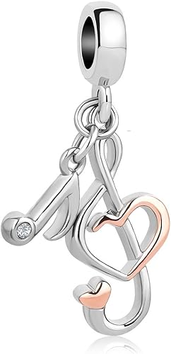 CharmSStory - Abalorio de corazón con notas musicales de oro rosa para pulseras y collares estilo de nota musical 03