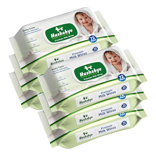 Hushabye Premium Milk Baby Wipes with lid- 0+ Months, pH balanced, Paraben & Alcohol Free, Moisturising & Thick Wipes with purified Water, Gentle & soothing, 432pcs, Pack of 6 Hushabye Premium Milk Baby Wipes with lid- 0+ Months, pH balanced, Paraben & Alcohol Free, Moisturising & Thick Wipes with purified Water, Gentle & soothing, 432pcs, Pack of 6