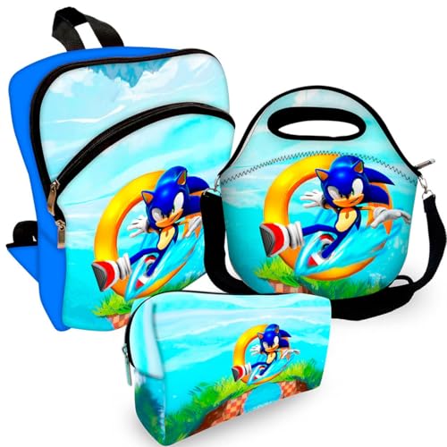 Kit Mochila de Costa Infantil + Lancheira + Estojo Sonic World